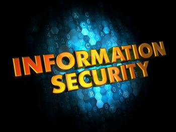 Information Security Concept - Golden Color Text on Dark Blue Digital Background.
