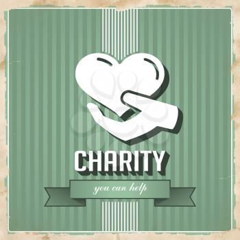 Charity with Icon of Heart in Hand on Green Striped Background. Vintage Concept in Flat Design.