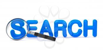 Search - Blue 3D Word Through a Magnifying Glass on White Background.