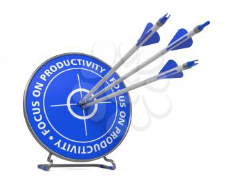 Focus on Productivity Concept. Three Arrows Hit in Blue Target.