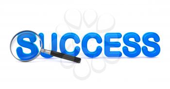 Success - Blue 3D Word Through a Magnifying Glass on White Background.