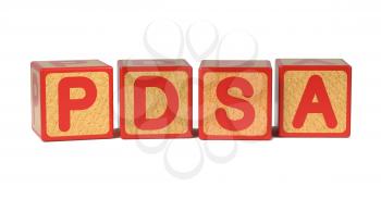 PDSA - Plan-Do-Study-Act -on Wooden Childrens Alphabet Block Isolated on White.