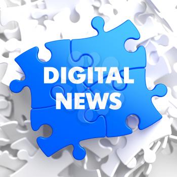 Digital News on Blue Puzzle on White Background.