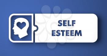 Self Esteem Concept. White Button on Blue Background in Flat Design Style.
