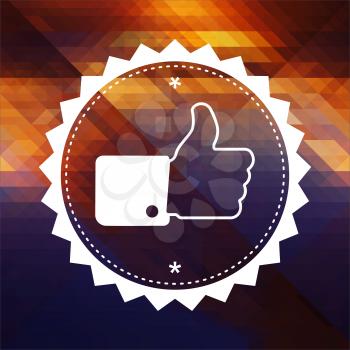 Thumb Up Icon. Retro label design. Hipster background made of triangles, color flow effect.