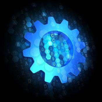 Gear Icon - Text in Blue Color on Dark Digital Background.
