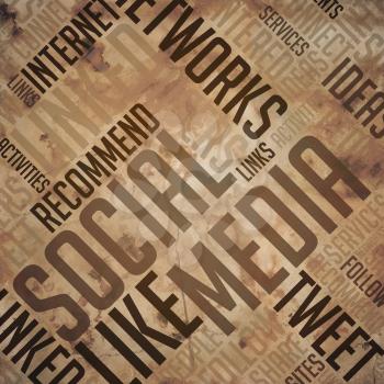 Social Media  - Grunge Brown Wordcloud Concept on Old Paper Background.