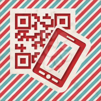 QR Code with Smartphone Icon on Red and Blue Striped Background. Vintage Concept in Flat Design.