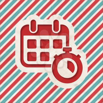 Calendar with Stopwatch on Red and Blue Striped Background. Vintage Concept in Flat Design.