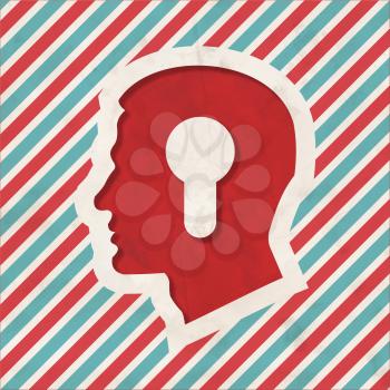 Profile of Head with a Keyhole Icon on Red and Blue Striped Background. Vintage Concept in Flat Design.
