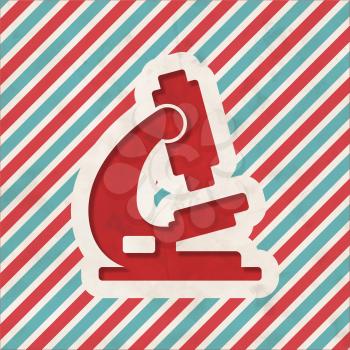 Microscope Icon on Red and Blue Striped Background. Vintage Concept in Flat Design.