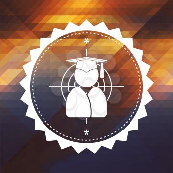 Icon of Target with Human Silhouette in Grad Hat. Retro label design. Hipster background made of triangles, color flow effect.