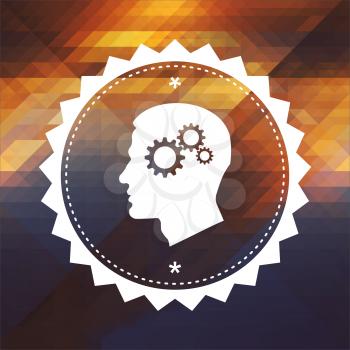 Psychological Concept - Profile of Head with Cogwheel Gear Mechanism. Retro label design. Hipster background made of triangles, color flow effect.