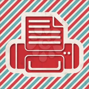 Printer Icon on Red and Blue Striped Background. Vintage Concept in Flat Design.
