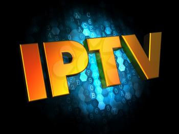 IPTV Concept - Golden Color Text on Dark Blue Digital Background.
