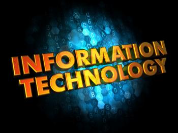 Information Technology Concept - Golden Color Text on Dark Blue Digital Background.