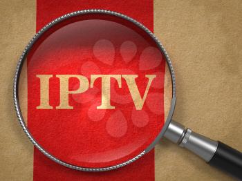 IPTV Concept. Magnifying Glass on Old Paper with Red Vertical Line Background.