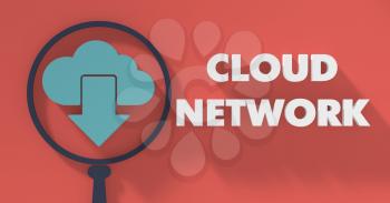 Cloud Network Concept with Magnifying Glass in Flat Design with Long Shadows.
