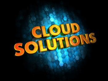 Cloud Solutions Concept - Golden Color Text on Dark Blue Digital Background.