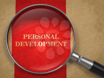 Personal Development concept. Magnifying Glass on Old Paper with Red Vertical Line Background.