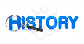 History - Blue 3D Word Through a Magnifying Glass on White Background.