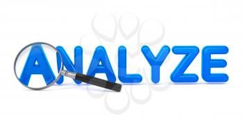 Analyze - Blue 3D Word Through a Magnifying Glass on White Background.