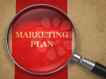Marketing Plan. Magnifying Glass on Old Paper with Red Vertical Line.