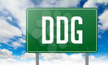 Highway Signpost with DDG wording on Sky Background.