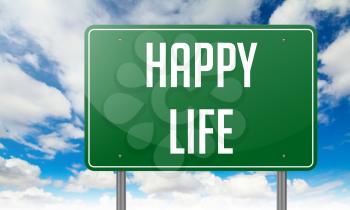 Highway Signpost with Happy Life wording on Sky Background.