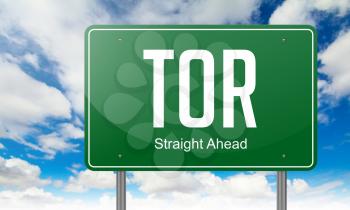 TOR - Green Highway Signpost on Sky Background.