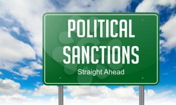 Highway Signpost with Political Sanctions Wording on Sky Background.