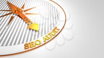 Seo Audit - Golden Compass Needle on a White Background.