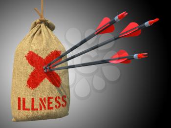 Illness - Three Arrows Hit in Red Target on a Hanging Sack on Grey Bokeh Background.