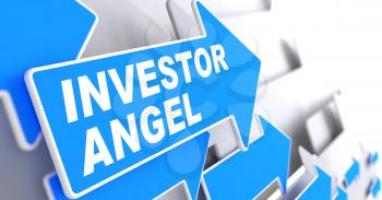 Investor Angel on Direction Sign - Blue Arrow on a Grey Background.
