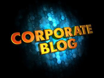 Corporate Blog Concept - Golden Color Text on Dark Blue Digital Background.