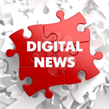 Digital News on Red Puzzle on White Background. Information Concept