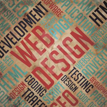 Web Design. Wordcloud on Grunge Old Paper Background.