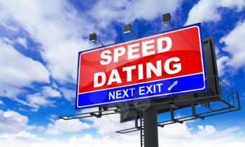Speed Dating - Red Billboard on Sky Background. Love Concept.
