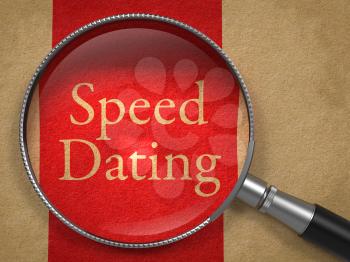 Speed Dating through Magnifying Glass on Old Paper with Red Vertical Line.
