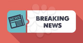 Breaking News Button in Flat Design with Long Shadows on Scarlet Background.