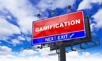 Gamification - Red Billboard on Sky Background. Business Concept.