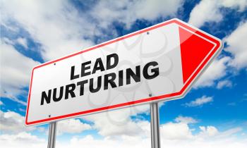Lead Nurturing - Inscription on Red Road Sign on Sky Background.
