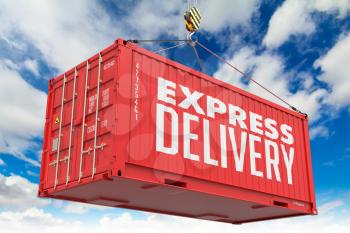 Express Delivery - Red Cargo Container hoisted with hook on Blue Sky Background.
