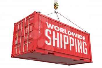 World Wide Shipping - Red Cargo Container hoisted with hook Isolated on White Background.