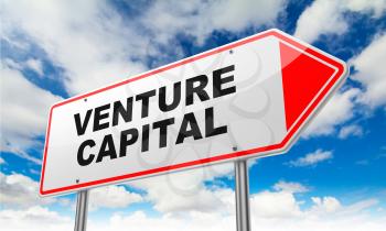 Venture Capital - Inscription on Red Road Sign on Sky Background.
