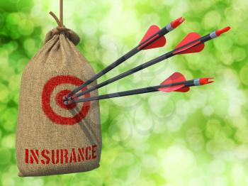 Insurance - Three Arrows Hit in Red Target on a Hanging Sack on Green Bokeh Background.