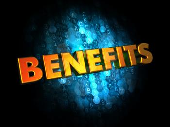 Benefits - Golden Color Text on Dark Blue Digital Background.