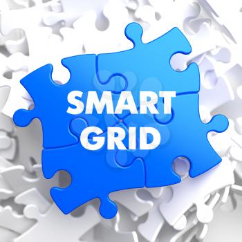 Smart Grid on Blue Puzzle on White Background.