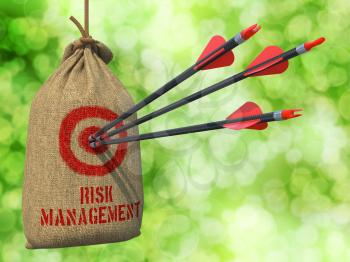 Risk Management - Three Arrows Hit in Red Target on a Hanging Sack on Green Bokeh Background.