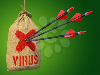 Virus - Three Arrows Hit in Red Mark Target on a Hanging Sack on Grey Background.
